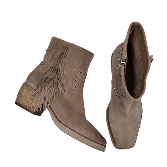 Sam Edelman | Bernie Tan Leather Square Toe Fringe Southwestern Booties 5 - Picture 1 of 13